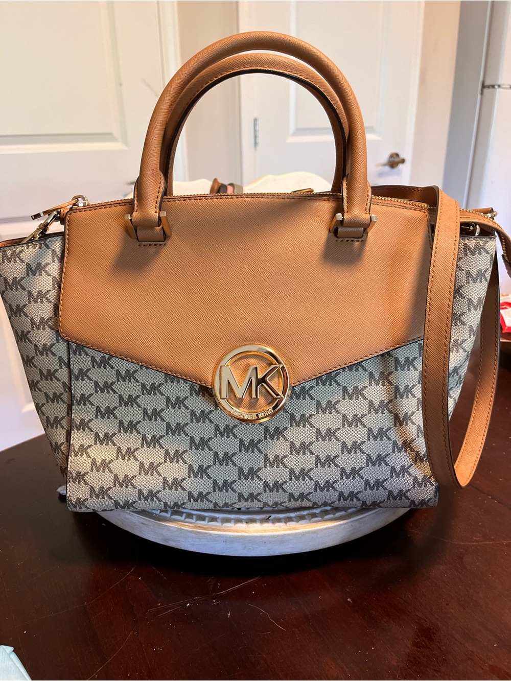 Michael Kors Tan and Ivory MK Logo Satchel with Gold Tone Hardware